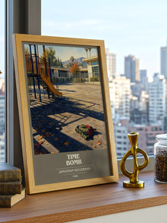 Time Bomb book cover print framed by window – literary home decor