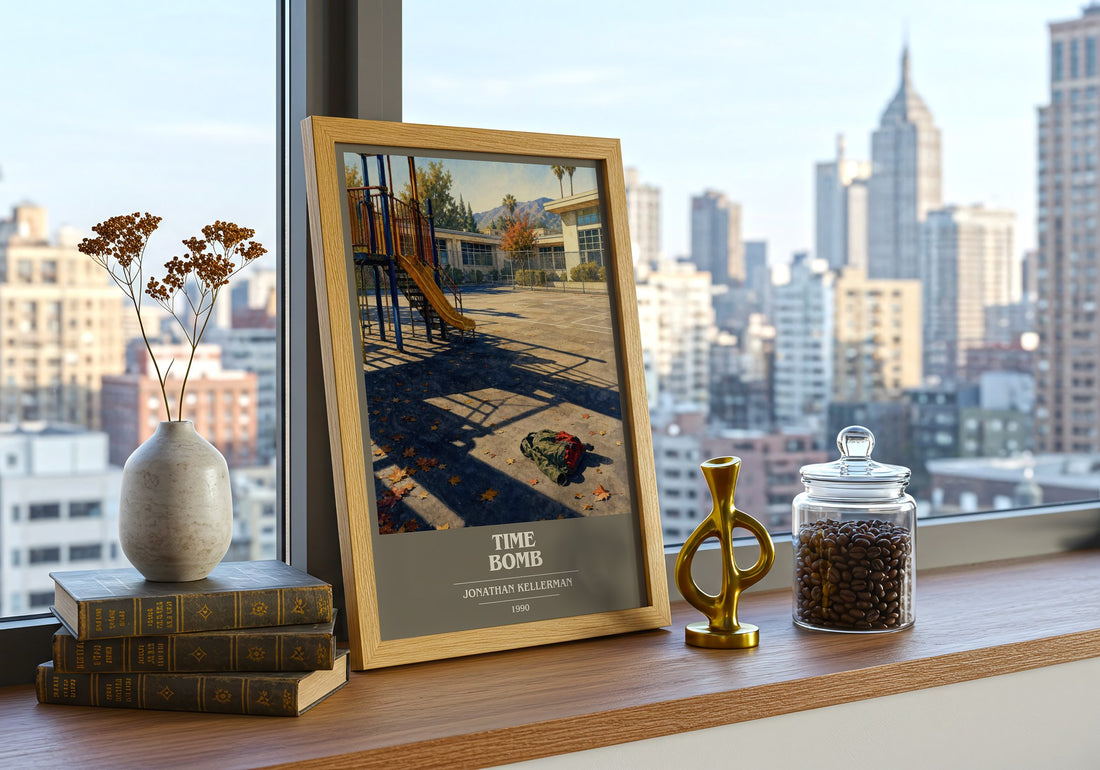 Time Bomb book cover print framed by window – literary home decor