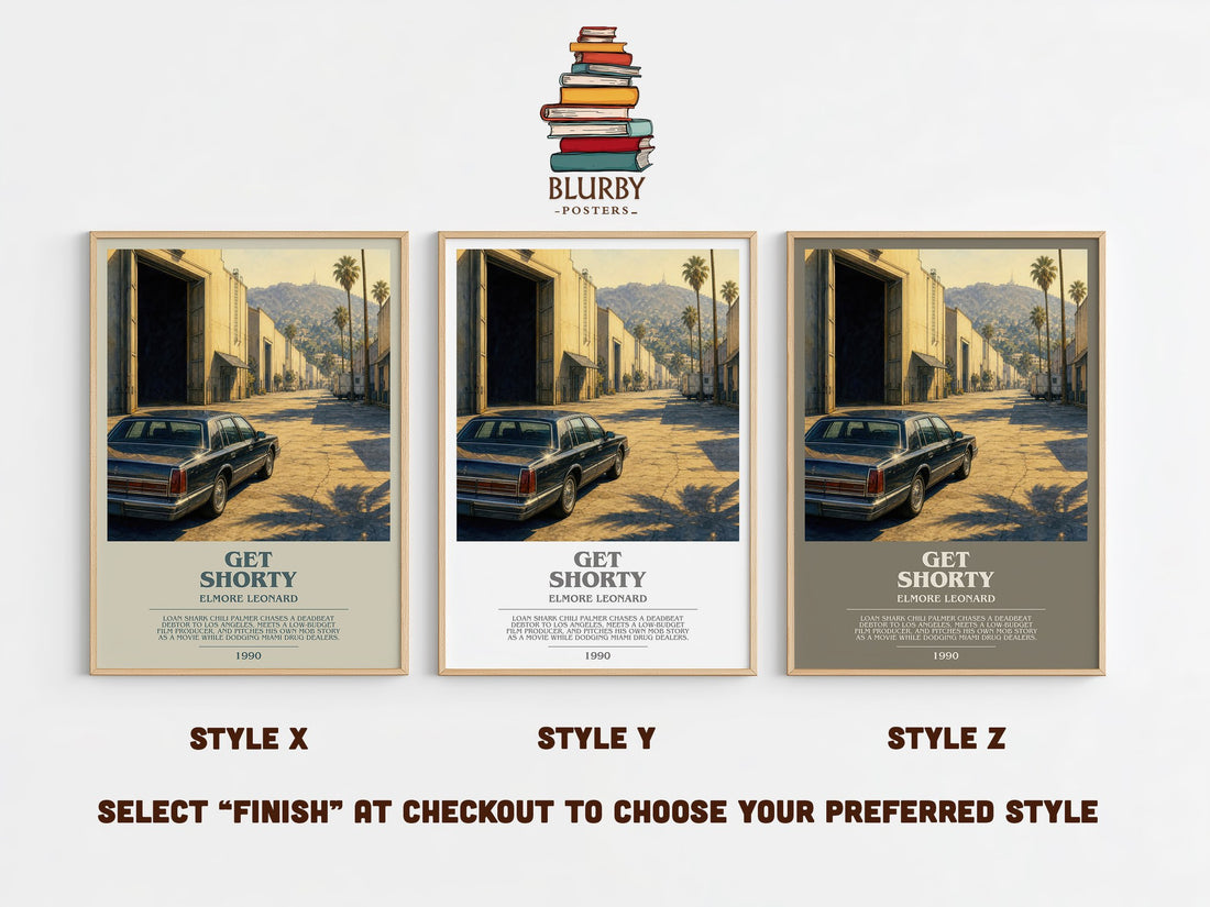 Get Shorty bookish print in frame leaning in hallway – crime wall art (mockup)