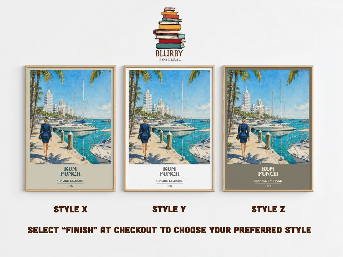 Rum Punch book cover print in frame leaning in hallway – crime wall art (mockup)
