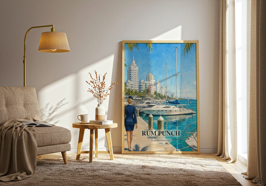 Rum Punch watercolour print in frame leaning in hallway – crime wall art (mockup)