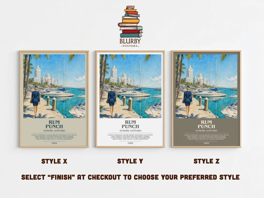 Rum Punch bookish print in frame leaning in hallway – crime wall art (mockup)