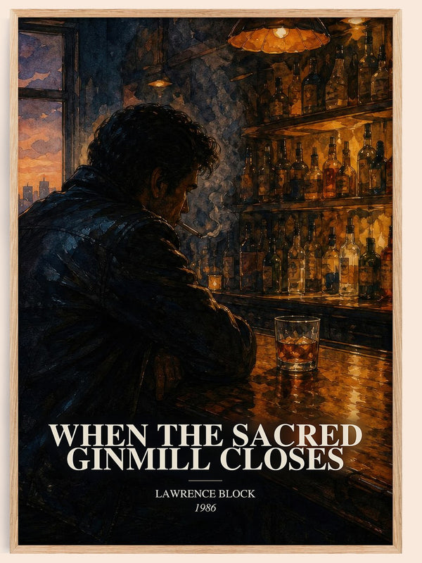 When the Sacred Ginmill Closes watercolour book poster by Lawrence Block – framed literary art print