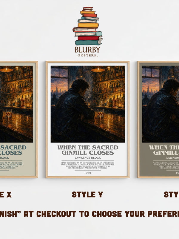 When the Sacred Ginmill Closes bookish print in frame leaning in hallway – crime wall art
