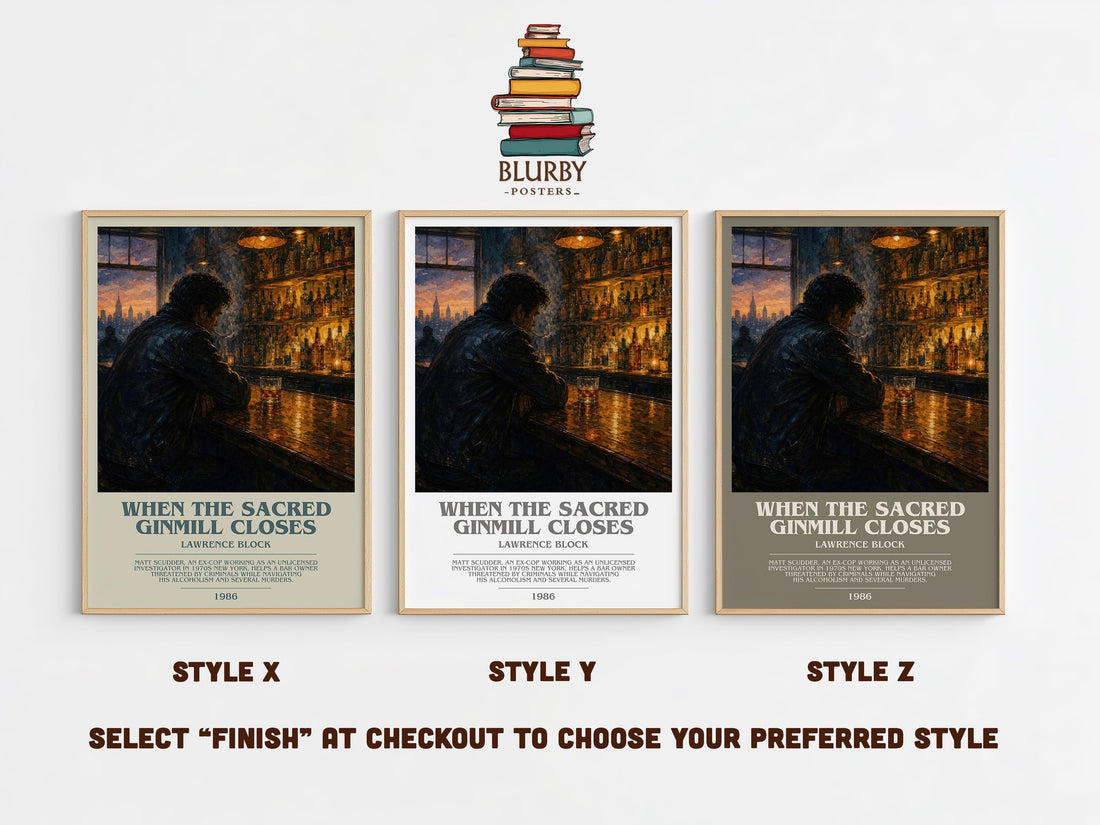When the Sacred Ginmill Closes bookish print in frame leaning in hallway – crime wall art (mockup)
