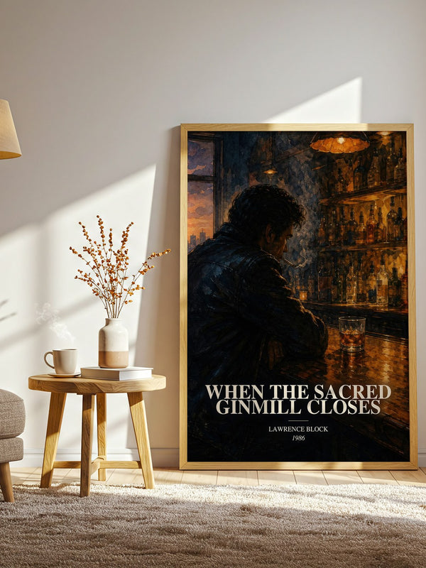 When the Sacred Ginmill Closes watercolour print in frame leaning in hallway – crime wall art