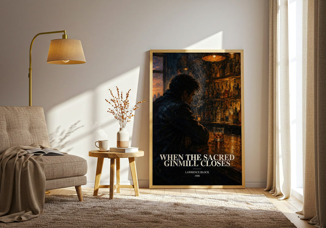 When the Sacred Ginmill Closes watercolour print in frame leaning in hallway – crime wall art (mockup)