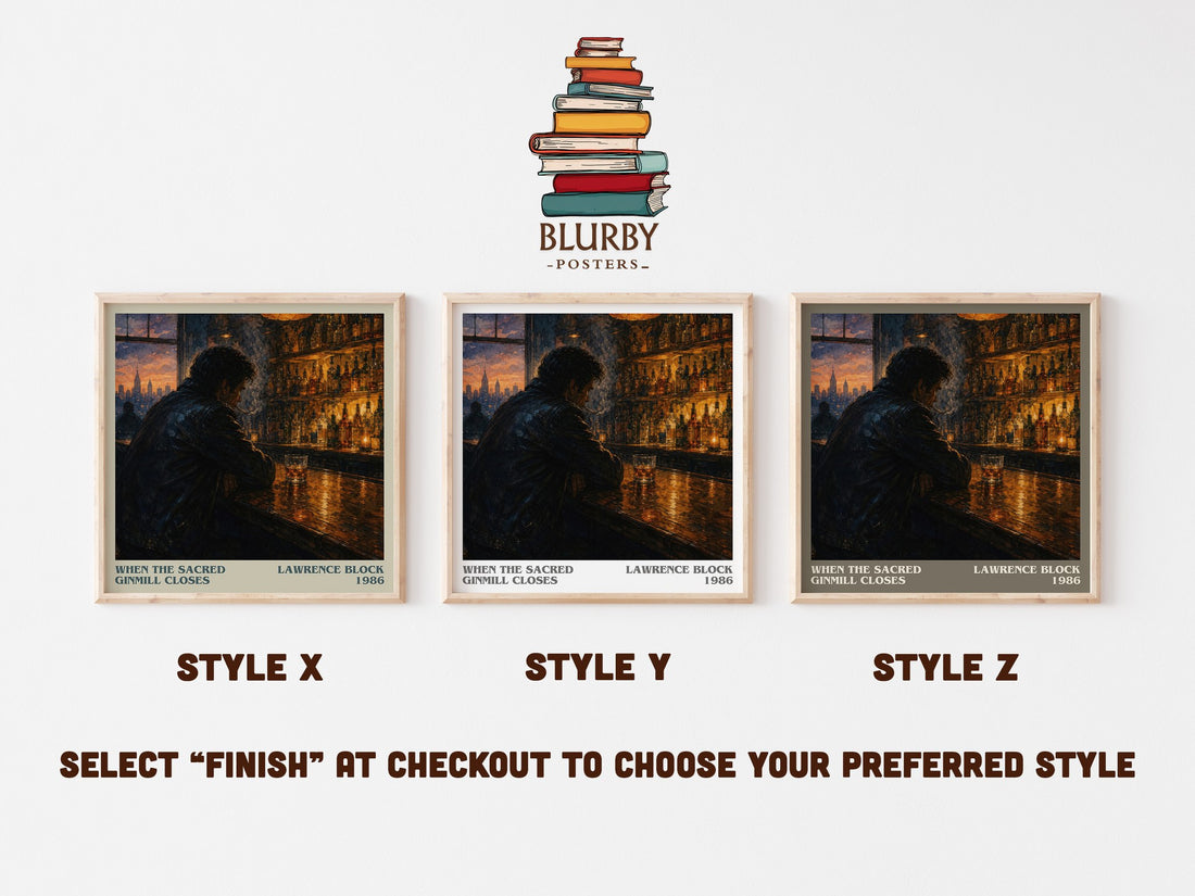 When the Sacred Ginmill Closes literary print in frame leaning in hallway – crime wall art (mockup)