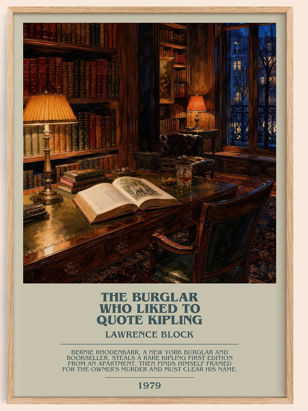 The Burglar Who Liked to Quote Kipling bookish book poster by Lawrence Block – framed literary art print