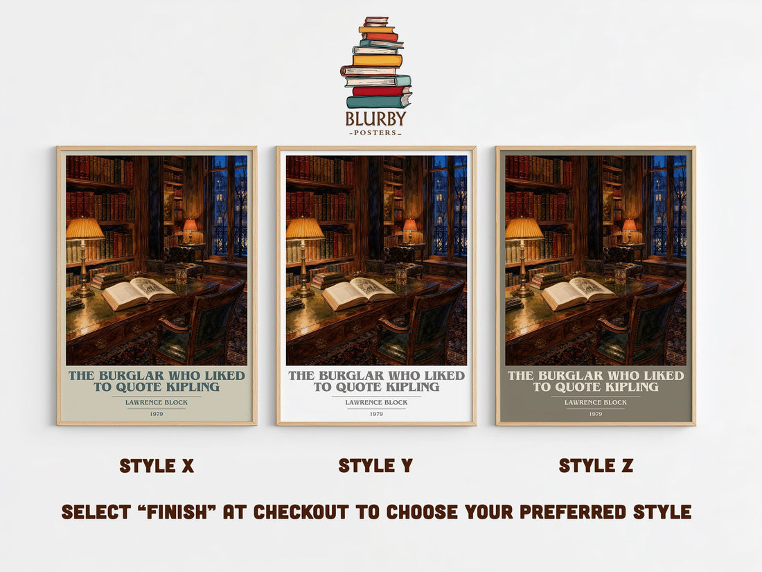 The Burglar Who Liked to Quote Kipling book cover print in frame leaning in hallway – mystery wall art (mockup)