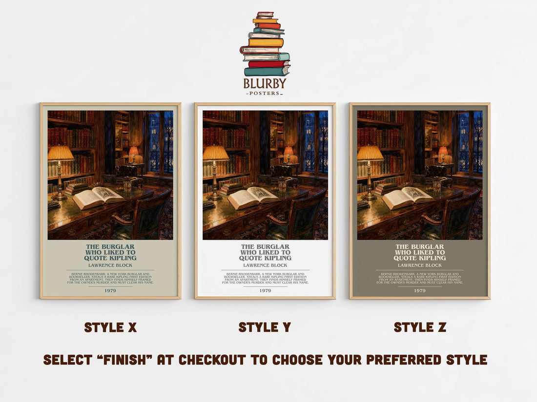 The Burglar Who Liked to Quote Kipling bookish print in frame leaning in hallway – mystery wall art (mockup)