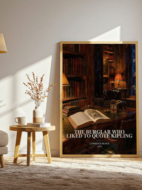 The Burglar Who Liked to Quote Kipling watercolour print in frame leaning in hallway – mystery wall art