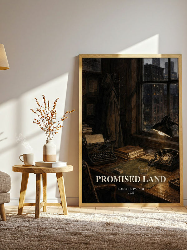 Promised Land watercolour print in frame leaning in hallway – crime wall art