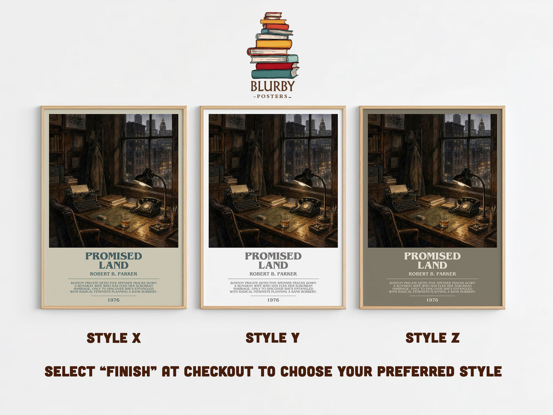 Promised Land bookish print in frame leaning in hallway – crime wall art (mockup)