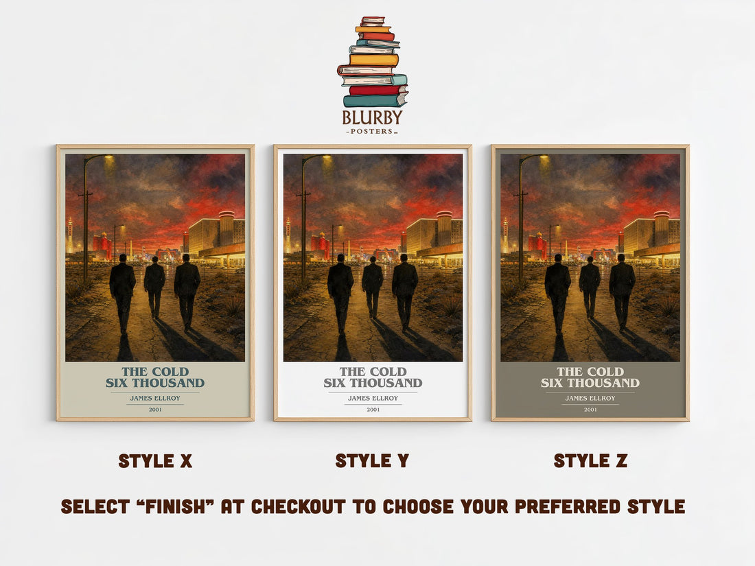 The Cold Six Thousand book cover print in frame leaning in hallway – crime wall art (mockup)