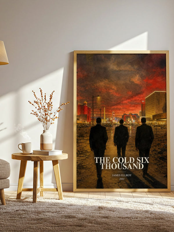 The Cold Six Thousand watercolour print in frame leaning in hallway – crime wall art