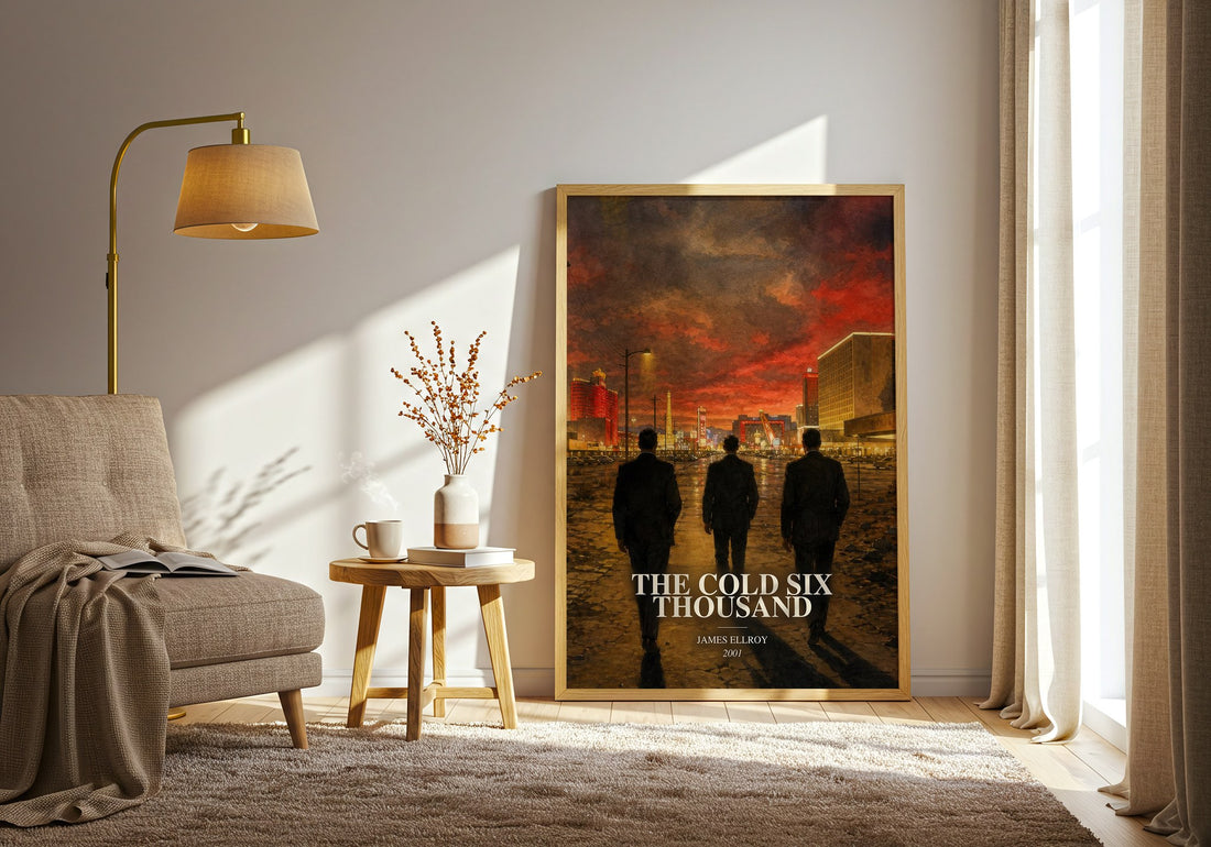 The Cold Six Thousand watercolour print in frame leaning in hallway – crime wall art (mockup)
