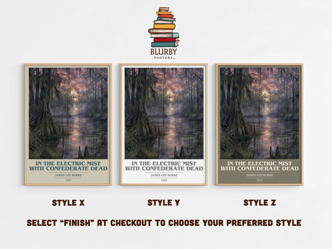 In the Electric Mist with Confederate Dead book cover print in frame leaning in hallway – crime wall art (mockup)