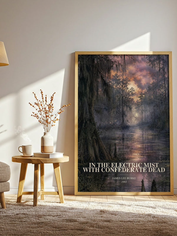 In the Electric Mist with Confederate Dead watercolour print in frame leaning in hallway – crime wall art