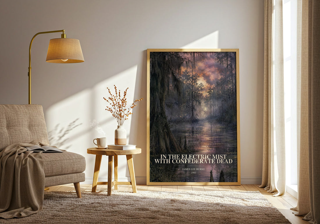 In the Electric Mist with Confederate Dead watercolour print in frame leaning in hallway – crime wall art (mockup)