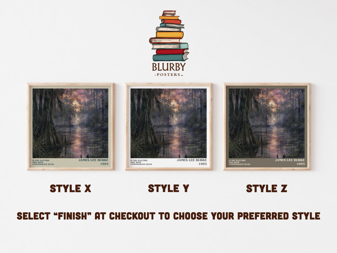 In the Electric Mist with Confederate Dead literary print in frame leaning in hallway – crime wall art (mockup)