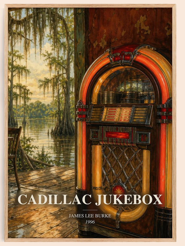 Cadillac Jukebox watercolour book poster by James Lee Burke – framed literary art print