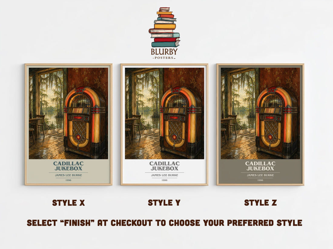 Cadillac Jukebox book cover print in frame leaning in hallway – crime wall art (mockup)