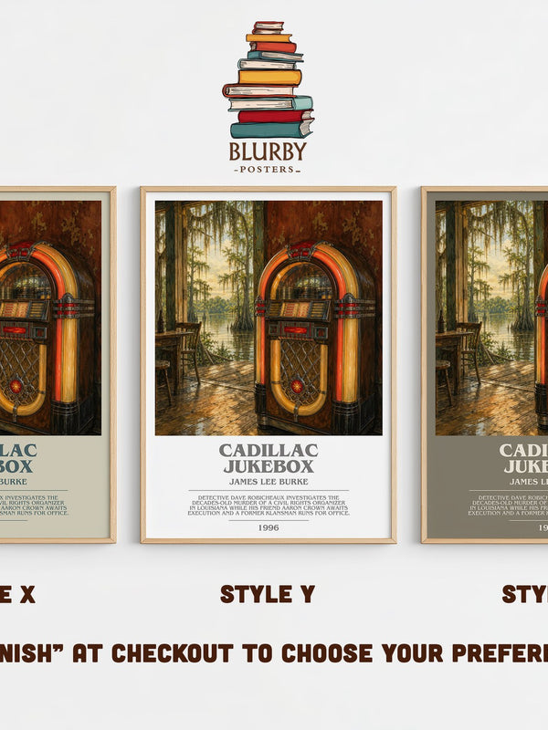 Cadillac Jukebox bookish print in frame leaning in hallway – crime wall art