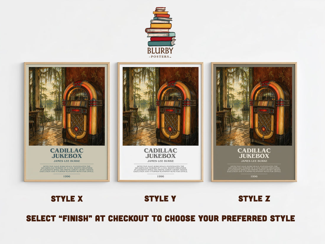 Cadillac Jukebox bookish print in frame leaning in hallway – crime wall art (mockup)