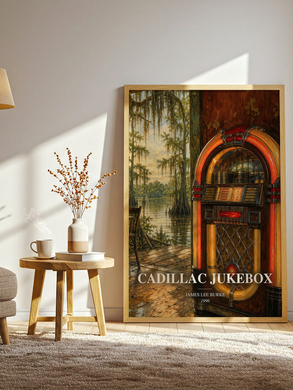 Cadillac Jukebox watercolour print in frame leaning in hallway – crime wall art