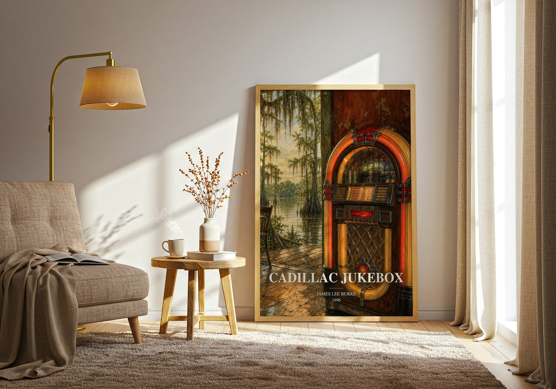 Cadillac Jukebox watercolour print in frame leaning in hallway – crime wall art (mockup)
