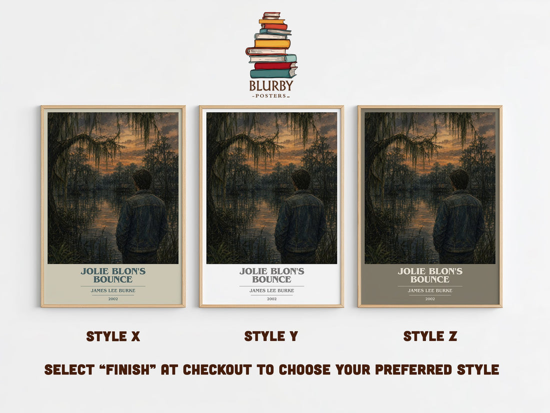 Jolie Blon's Bounce book cover print in frame leaning in hallway – crime wall art (mockup)