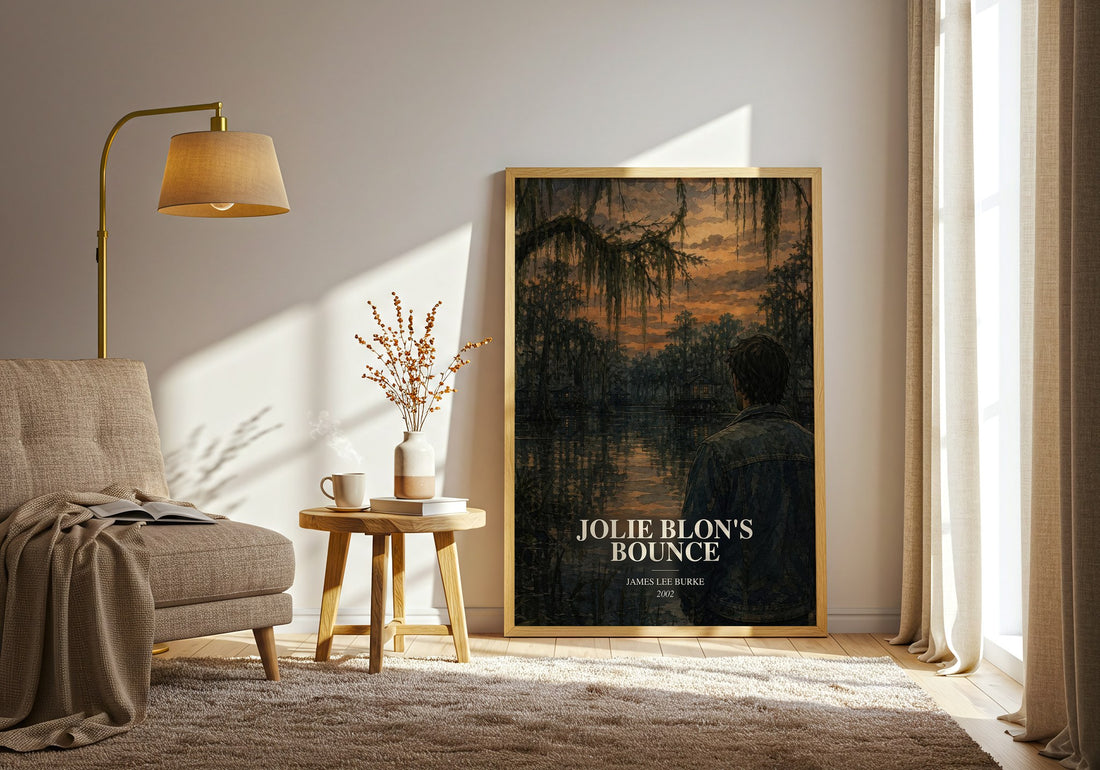 Jolie Blon's Bounce watercolour print in frame leaning in hallway – crime wall art (mockup)