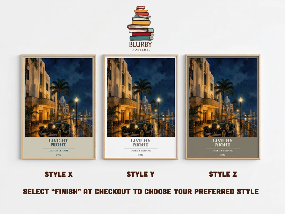 Live by Night book cover print in frame leaning in hallway – crime wall art (mockup)