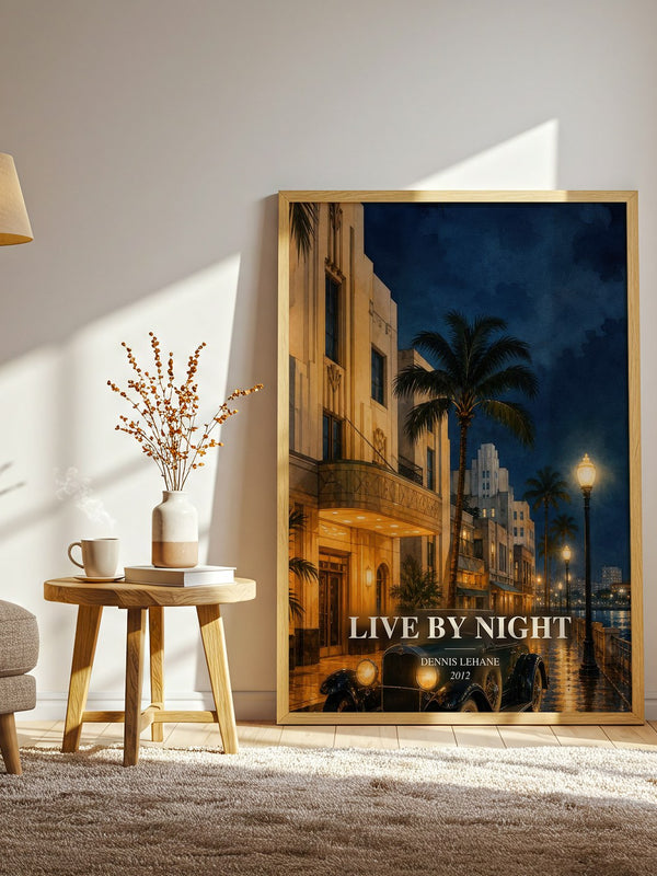 Live by Night watercolour print in frame leaning in hallway – crime wall art