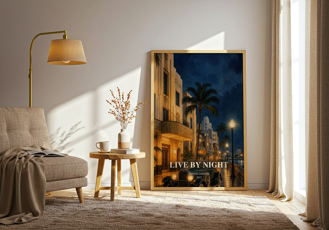Live by Night watercolour print in frame leaning in hallway – crime wall art (mockup)