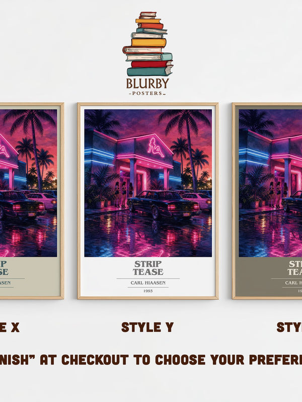 Strip Tease book cover print in frame leaning in hallway – crime wall art