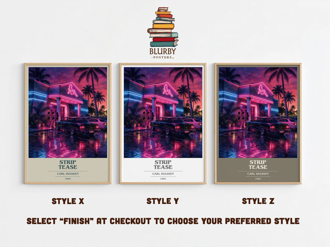 Strip Tease book cover print in frame leaning in hallway – crime wall art (mockup)