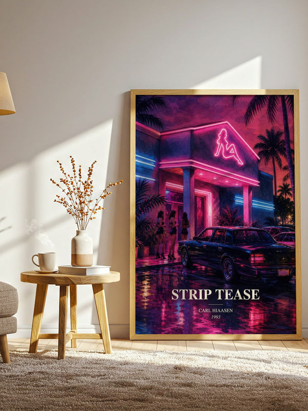Strip Tease watercolour print in frame leaning in hallway – crime wall art