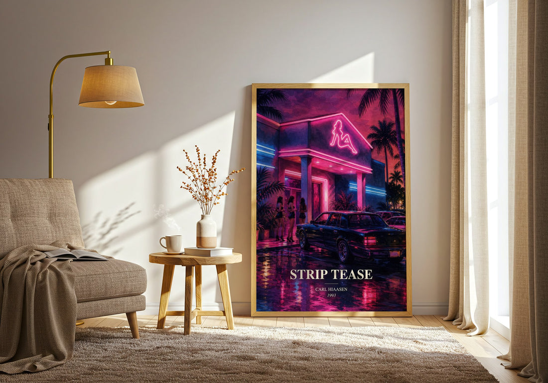 Strip Tease watercolour print in frame leaning in hallway – crime wall art (mockup)