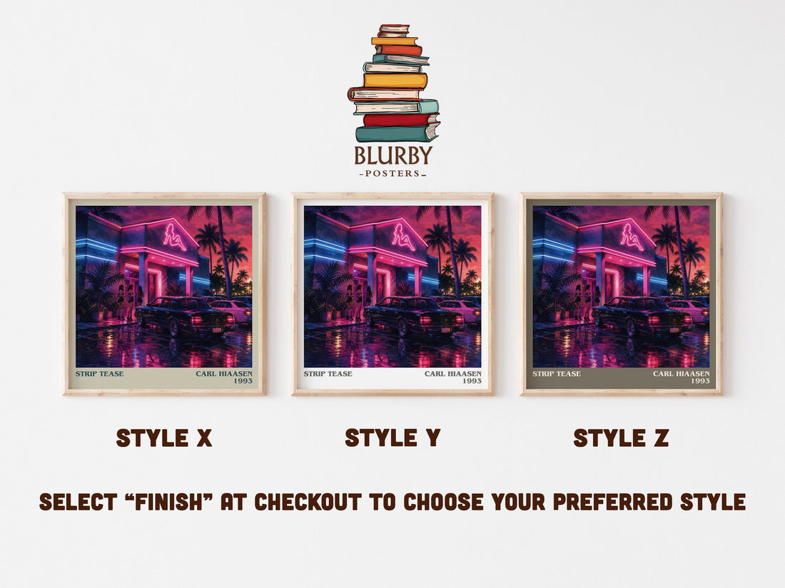 Strip Tease literary print in frame leaning in hallway – crime wall art (mockup)