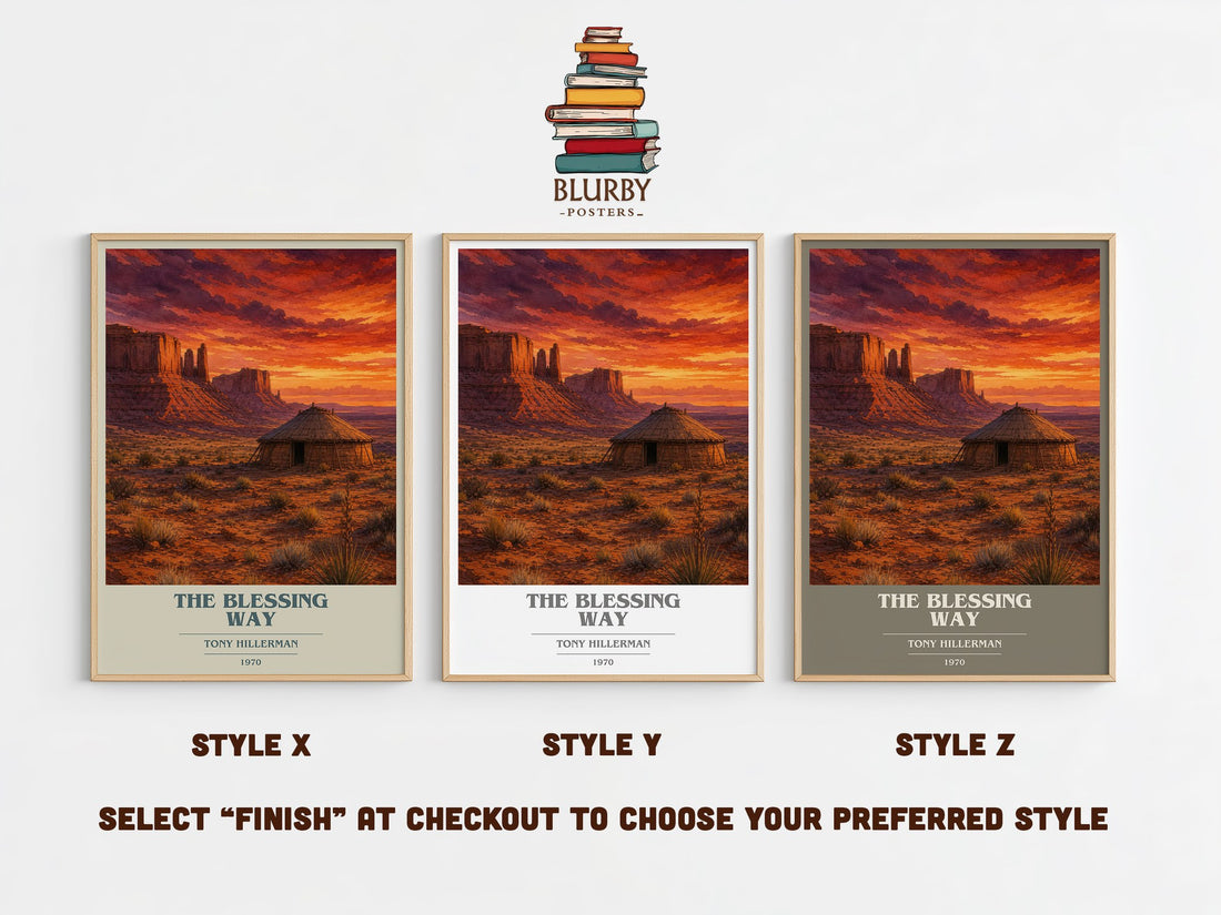 The Blessing Way book cover print in frame leaning in hallway – mystery wall art (mockup)