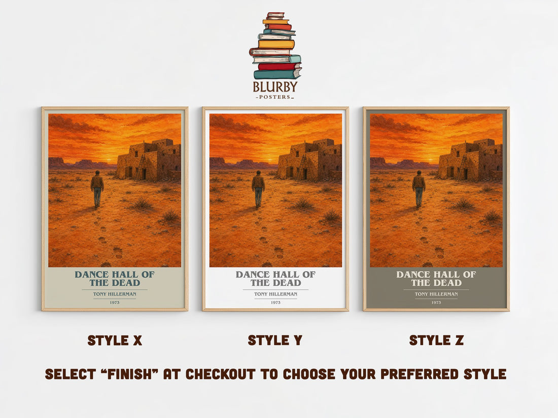 Dance Hall of the Dead book cover print in frame leaning in hallway – mystery wall art (mockup)