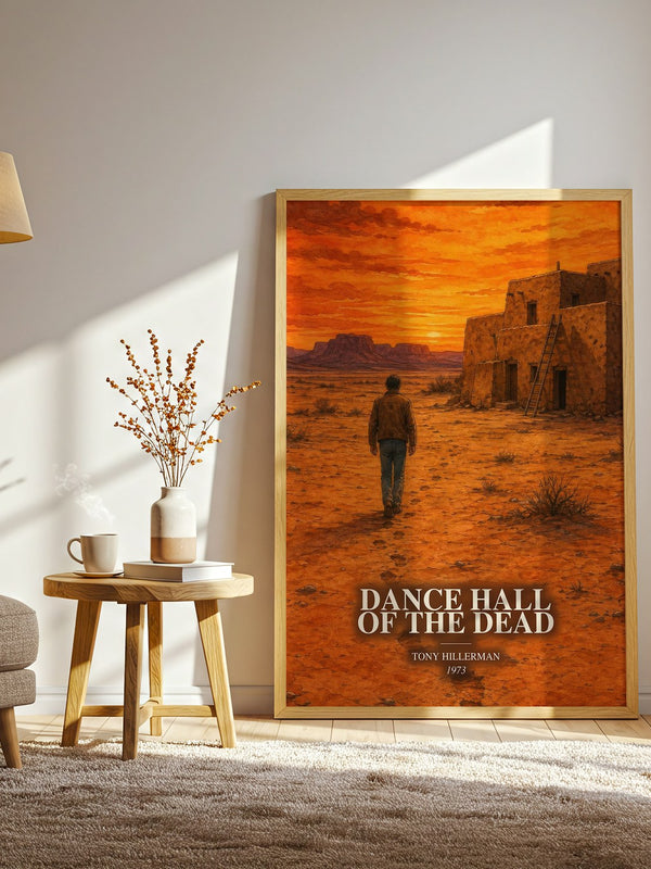 Dance Hall of the Dead watercolour print in frame leaning in hallway – mystery wall art