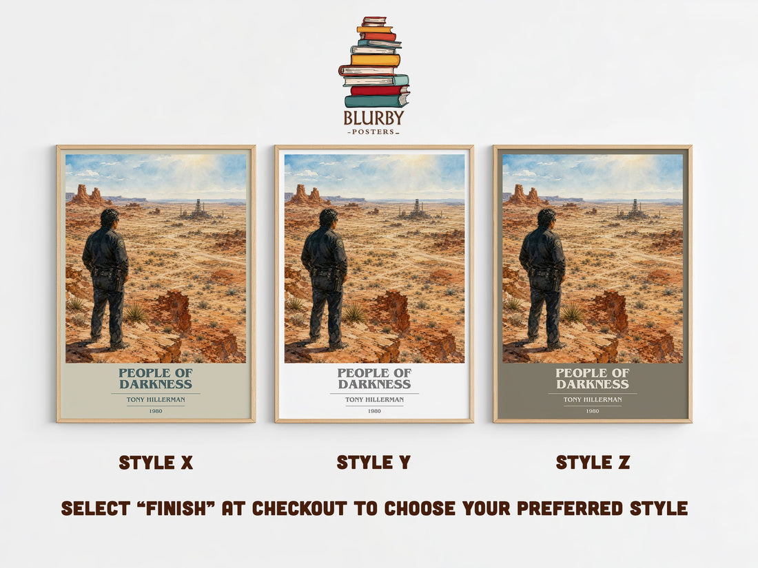 People of Darkness book cover print in frame leaning in hallway – mystery wall art (mockup)