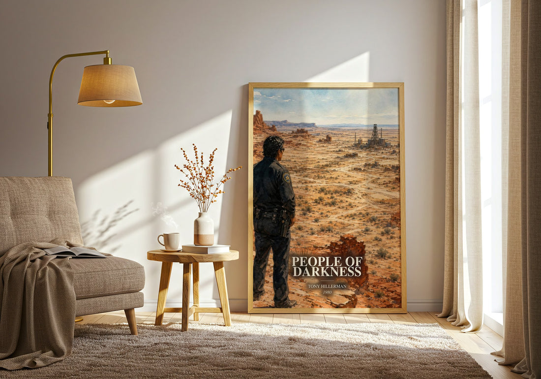 People of Darkness watercolour print in frame leaning in hallway – mystery wall art (mockup)