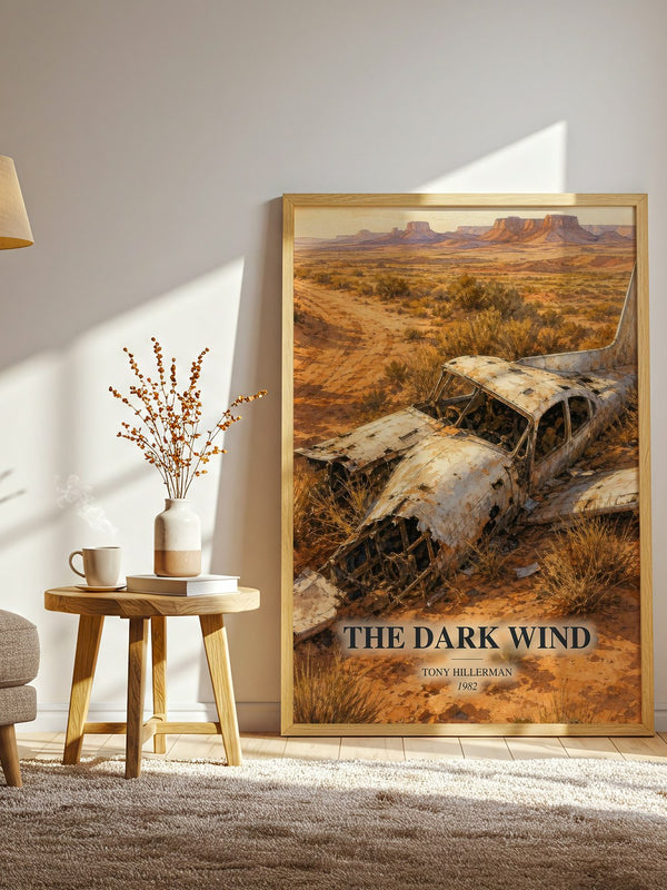 The Dark Wind watercolour print in frame leaning in hallway – mystery wall art