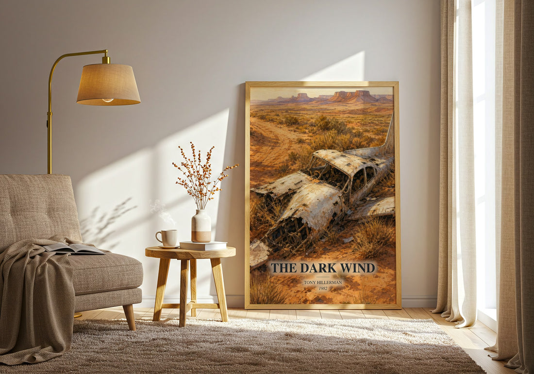 The Dark Wind watercolour print in frame leaning in hallway – mystery wall art (mockup)