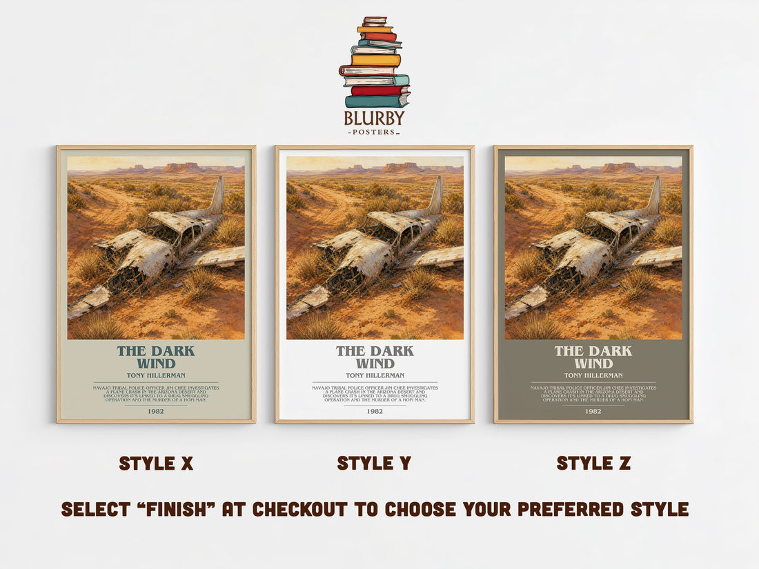 The Dark Wind bookish print in frame leaning in hallway – mystery wall art (mockup)