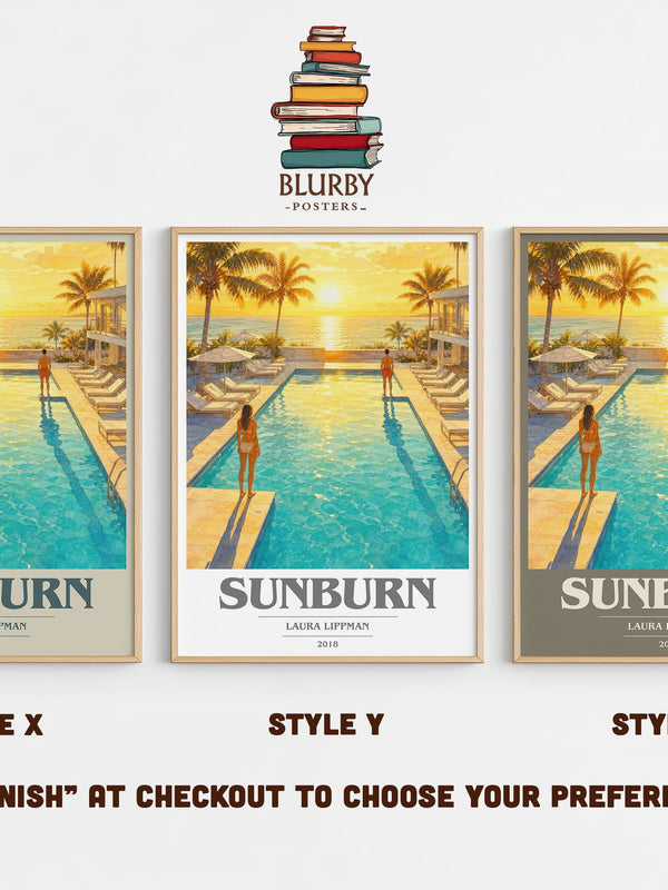Sunburn book cover print in frame leaning in hallway – thriller wall art